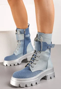Niebieskie Sznurowane Traperki na Platformie Zdobione Brokatem Opleja