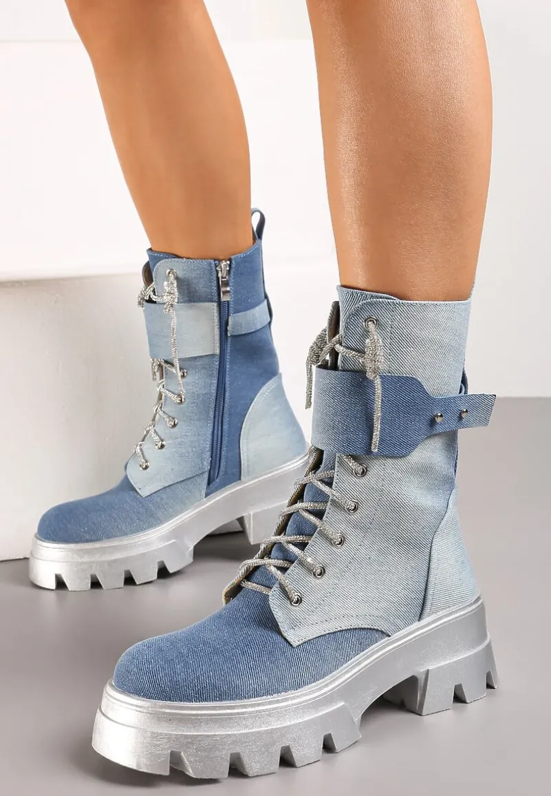 Niebieskie Sznurowane Traperki na Platformie Zdobione Brokatem Opleja