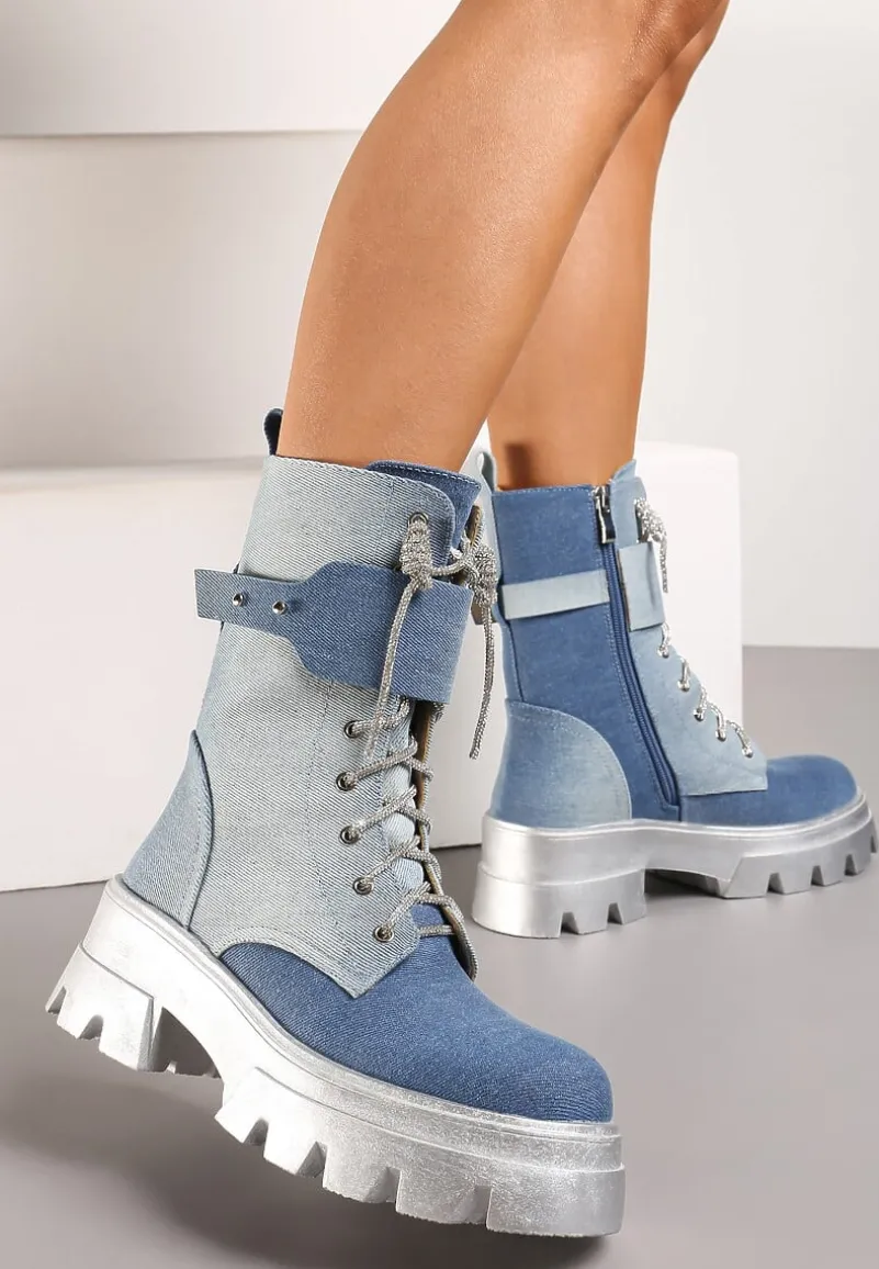 Niebieskie Sznurowane Traperki na Platformie Zdobione Brokatem Opleja