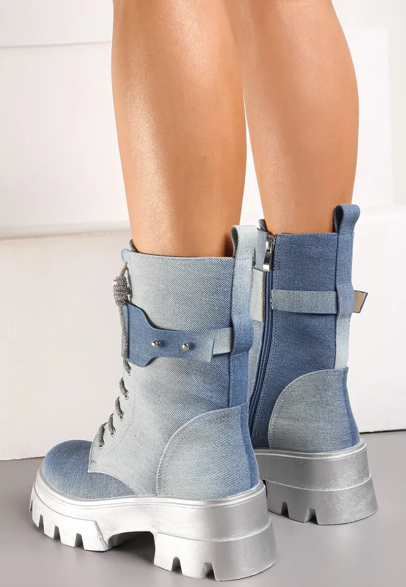 Niebieskie Sznurowane Traperki na Platformie Zdobione Brokatem Opleja