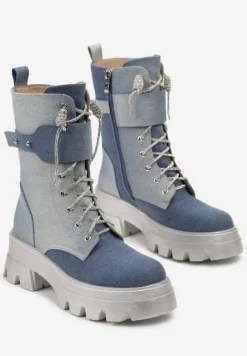 Niebieskie Sznurowane Traperki na Platformie Zdobione Brokatem Opleja