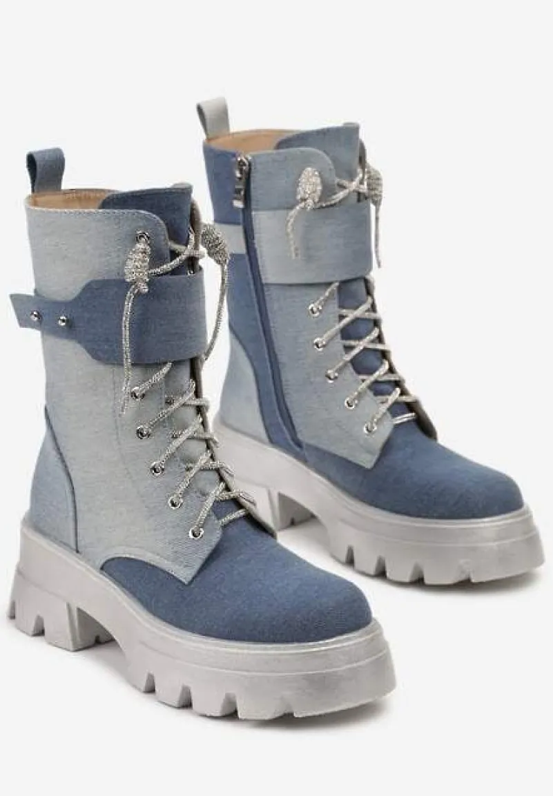 Niebieskie Sznurowane Traperki na Platformie Zdobione Brokatem Opleja