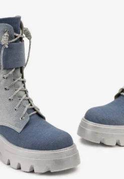 Niebieskie Sznurowane Traperki na Platformie Zdobione Brokatem Opleja