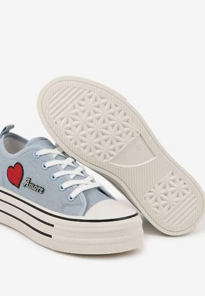 Niebieskie Trampki na Grubej Podeszwie z Aplikacją i Napisem Eheria