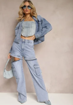Niebieskie 2w1 Jeansy Szorty z Szerokimi Kieszeniami w Stylu Cargo Alace