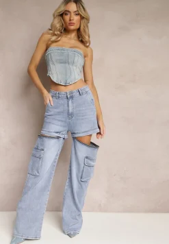 Niebieskie 2w1 Jeansy Szorty z Szerokimi Kieszeniami w Stylu Cargo Alace