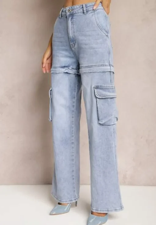 Niebieskie 2w1 Jeansy Szorty z Szerokimi Kieszeniami w Stylu Cargo Alace