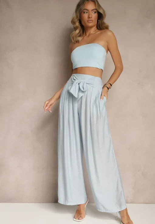 Niebieskie Wiskozowe Spodnie High Waist o Szerokim Kroju Aranisa