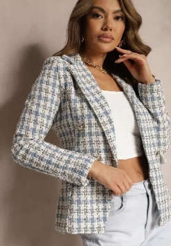 Niebiesko-Beżowa Casualowa Tweedowa Marynarka z Wszytymi Poduszkami na Ramionach Jaanes