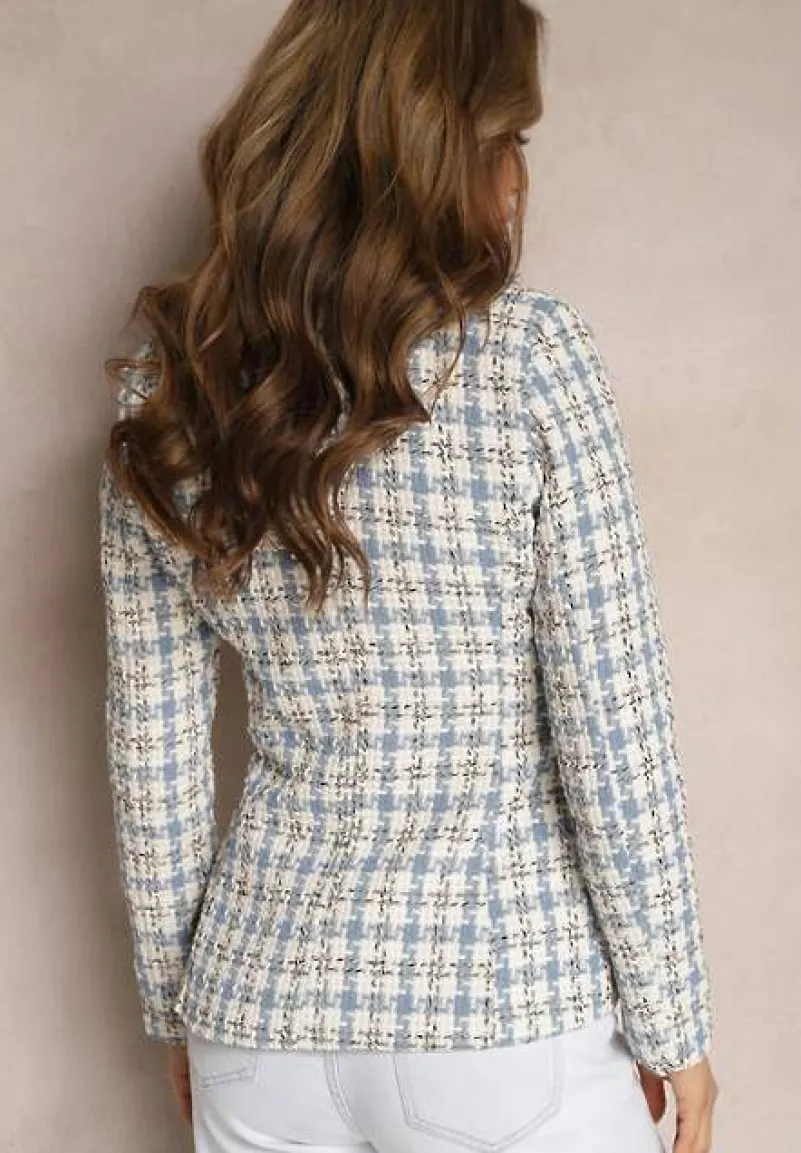 Niebiesko-Beżowa Casualowa Tweedowa Marynarka z Wszytymi Poduszkami na Ramionach Jaanes