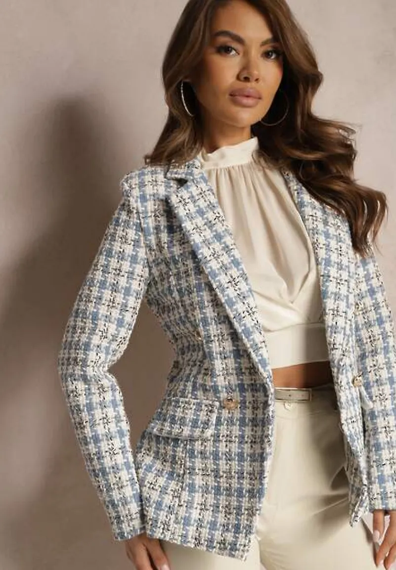 Niebiesko-Beżowa Casualowa Tweedowa Marynarka z Wszytymi Poduszkami na Ramionach Jaanes