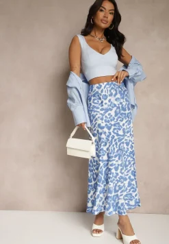 Niebiesko-Beżowa Panterkowa Spódnica z Wiskozy High Waist Fevirellea