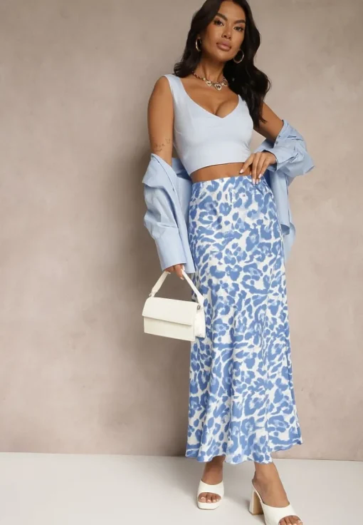 Niebiesko-Beżowa Panterkowa Spódnica z Wiskozy High Waist Fevirellea