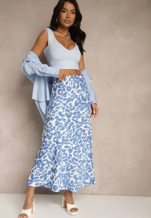 Niebiesko-Beżowa Panterkowa Spódnica z Wiskozy High Waist Fevirellea