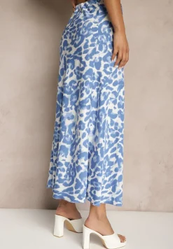 Niebiesko-Beżowa Panterkowa Spódnica z Wiskozy High Waist Fevirellea