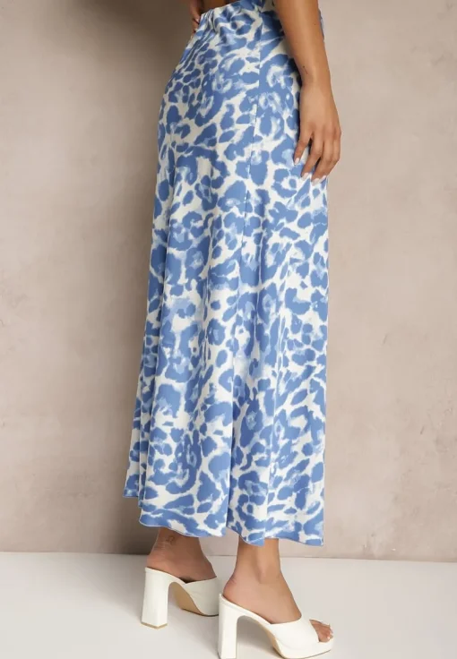 Niebiesko-Beżowa Panterkowa Spódnica z Wiskozy High Waist Fevirellea