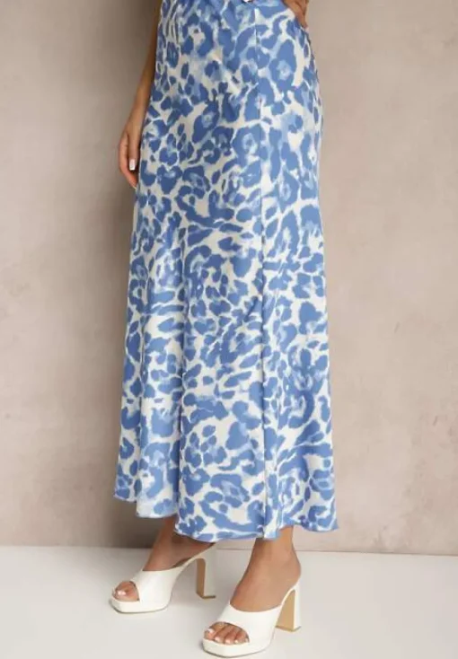 Niebiesko-Beżowa Panterkowa Spódnica z Wiskozy High Waist Fevirellea