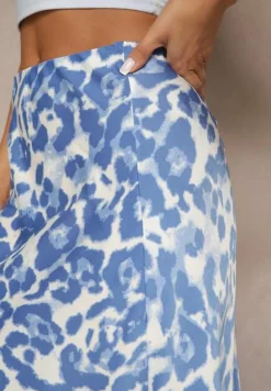 Niebiesko-Beżowa Panterkowa Spódnica z Wiskozy High Waist Fevirellea