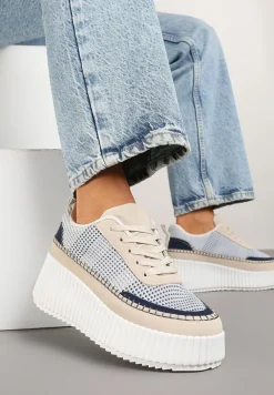Niebiesko-Beżowe Sneakersy na Tłoczonej Platformie z Ozdobnymi Przeszyciami Faloviela