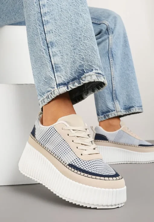 Niebiesko-Beżowe Sneakersy na Tłoczonej Platformie z Ozdobnymi Przeszyciami Faloviela