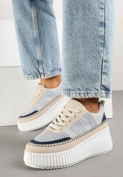 Niebiesko-Beżowe Sneakersy na Tłoczonej Platformie z Ozdobnymi Przeszyciami Faloviela