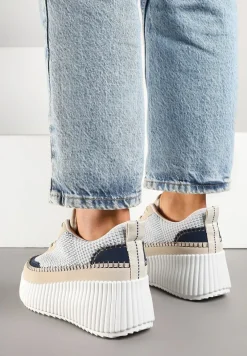 Niebiesko-Beżowe Sneakersy na Tłoczonej Platformie z Ozdobnymi Przeszyciami Faloviela