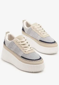Niebiesko-Beżowe Sneakersy na Tłoczonej Platformie z Ozdobnymi Przeszyciami Faloviela