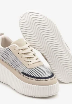 Niebiesko-Beżowe Sneakersy na Tłoczonej Platformie z Ozdobnymi Przeszyciami Faloviela