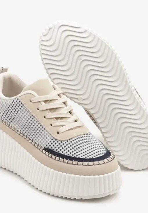 Niebiesko-Beżowe Sneakersy na Tłoczonej Platformie z Ozdobnymi Przeszyciami Faloviela