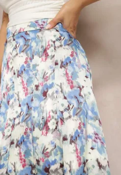 Niebiesko-Biała Kwiecista Spódnica o Rozkloszowanym Fasonie High Waist Jastaria