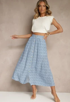 Niebiesko-Biała Rozkloszowana Spódnica z Wiskozy w Kwiatowy Wzór z Guzikami Moragi
