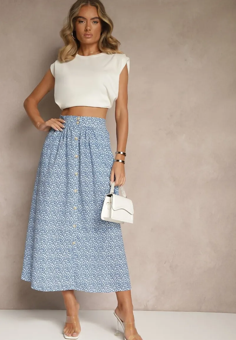 Niebiesko-Biała Rozkloszowana Spódnica z Wiskozy w Kwiatowy Wzór z Guzikami Moragi