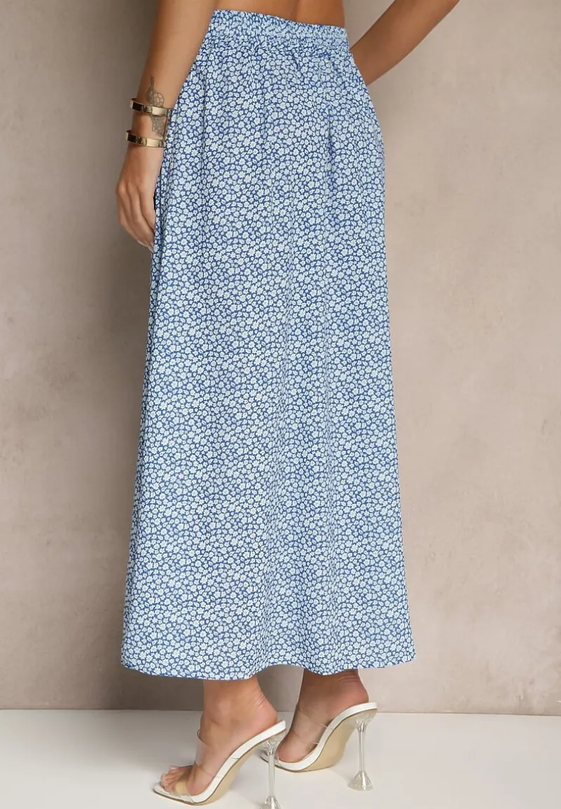 Niebiesko-Biała Rozkloszowana Spódnica z Wiskozy w Kwiatowy Wzór z Guzikami Moragi