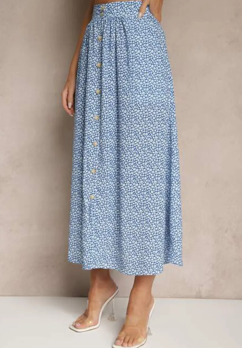 Niebiesko-Biała Rozkloszowana Spódnica z Wiskozy w Kwiatowy Wzór z Guzikami Moragi