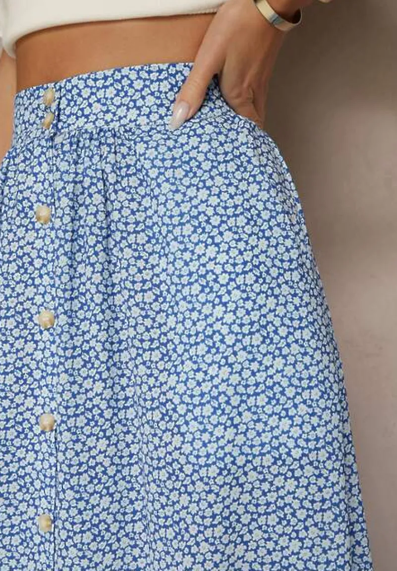 Niebiesko-Biała Rozkloszowana Spódnica z Wiskozy w Kwiatowy Wzór z Guzikami Moragi