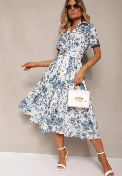 Niebiesko-Biała Rozkloszowana Sukienka Koktajlowa z Paskiem Ozdobionym Klamrą i Gumką w Pasie Vimalinne