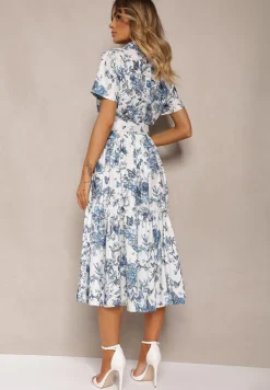 Niebiesko-Biała Rozkloszowana Sukienka Koktajlowa z Paskiem Ozdobionym Klamrą i Gumką w Pasie Vimalinne