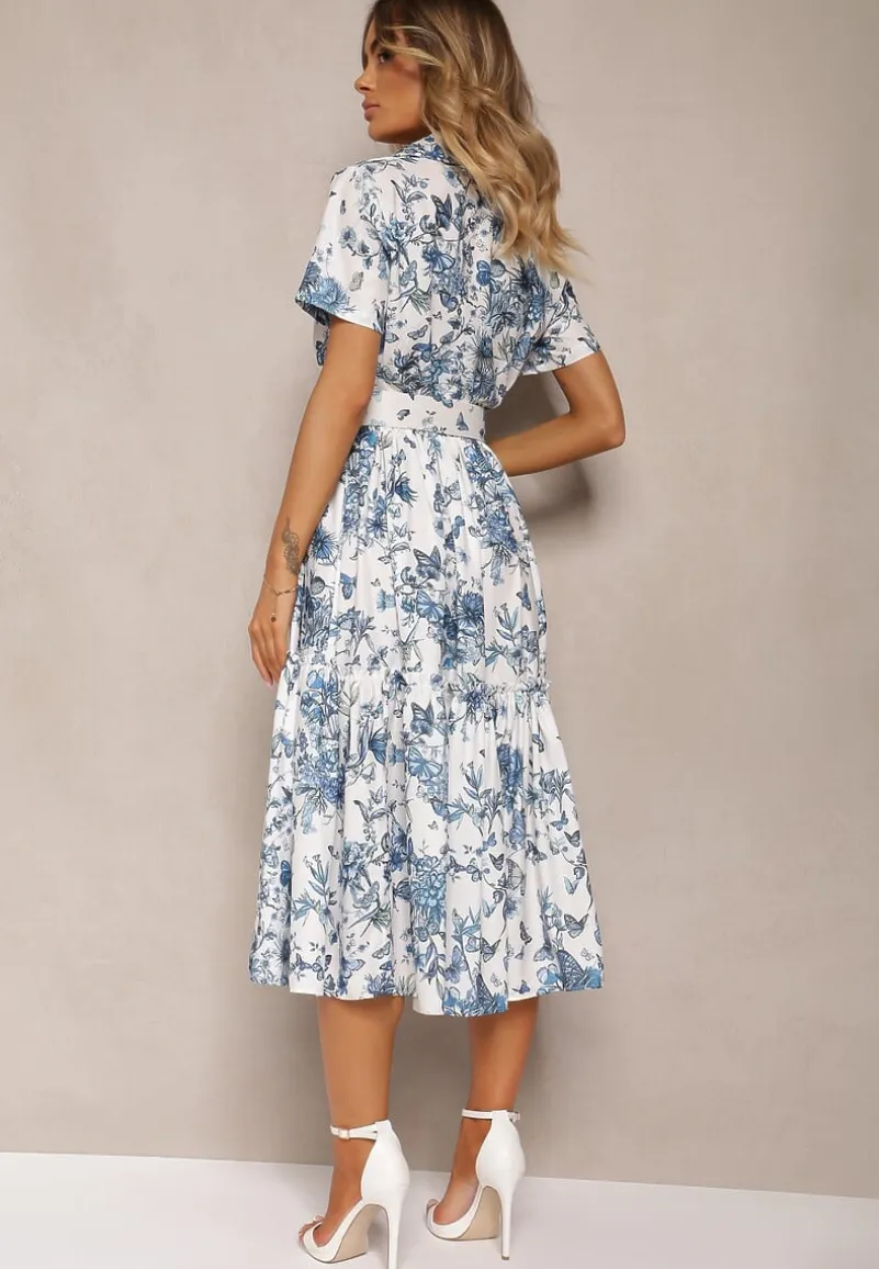 Niebiesko-Biała Rozkloszowana Sukienka Koktajlowa z Paskiem Ozdobionym Klamrą i Gumką w Pasie Vimalinne