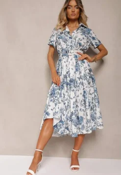 Niebiesko-Biała Rozkloszowana Sukienka Koktajlowa z Paskiem Ozdobionym Klamrą i Gumką w Pasie Vimalinne