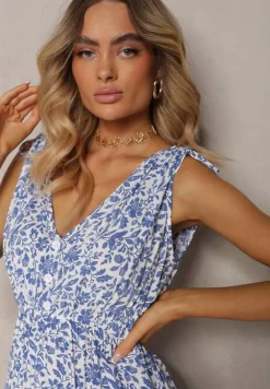 Niebiesko-Biała Sukienka Bawełniana na Grubych Ramiączkach z Gumką w Pasie Zapinana na Guziki Tessri