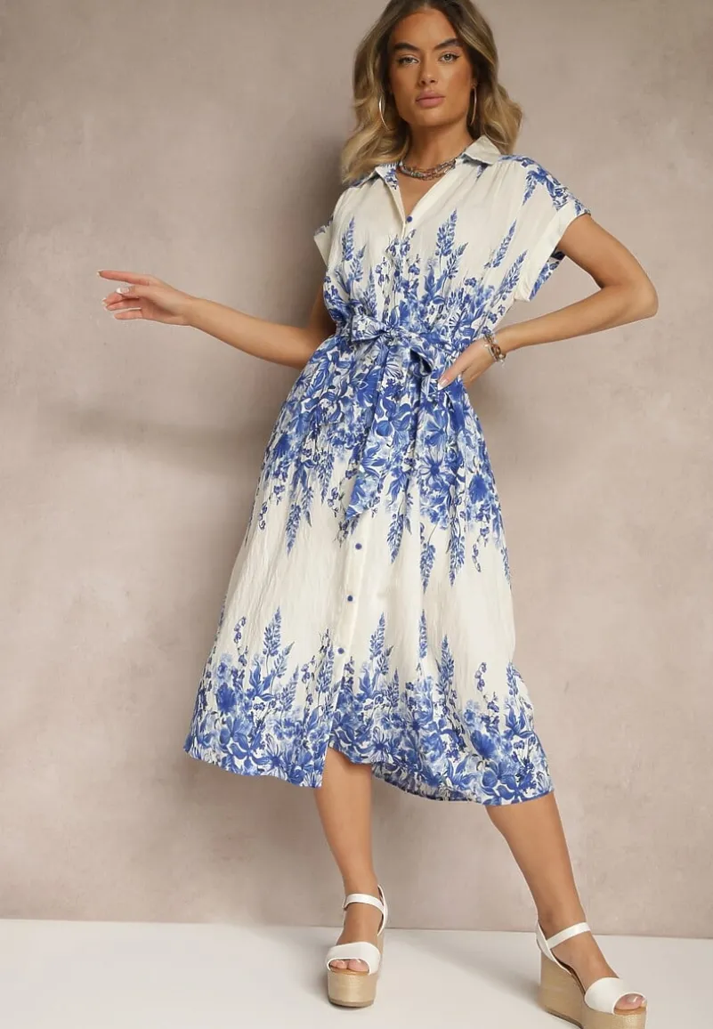 Niebiesko-Biała Sukienka z Wiskozy Koszulowa w Kwiaty Redice