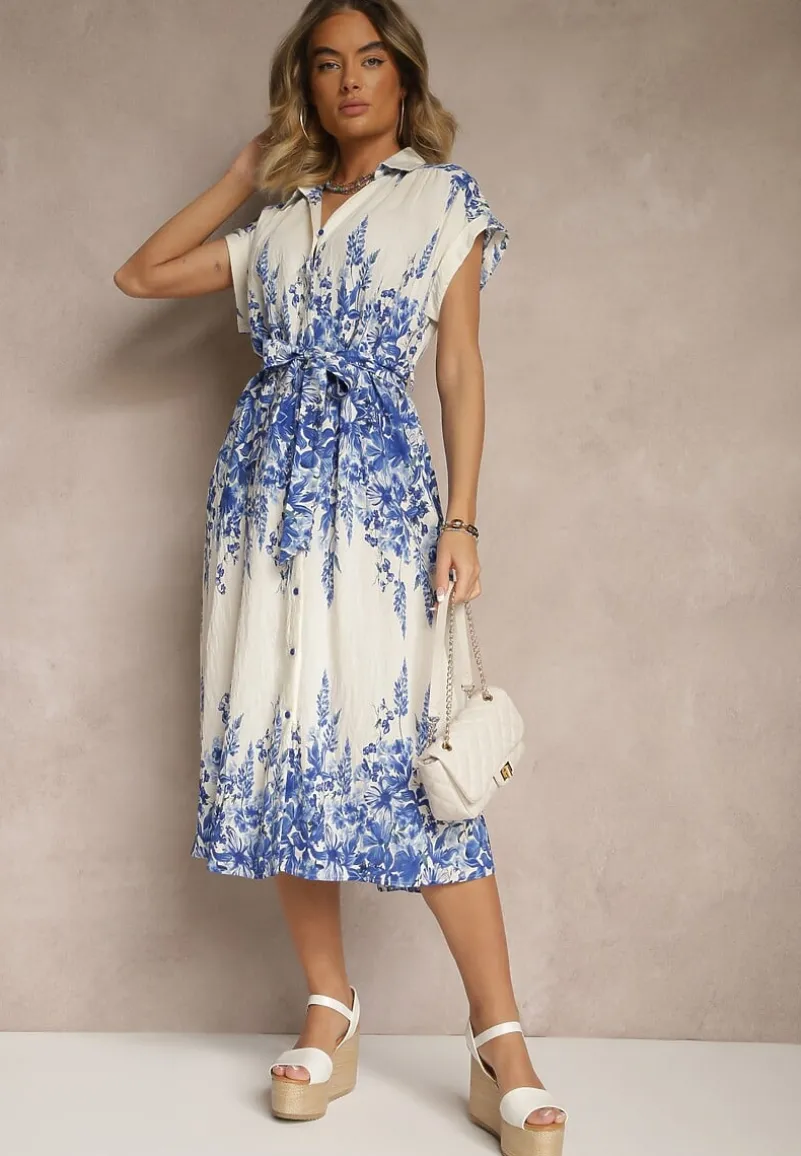 Niebiesko-Biała Sukienka z Wiskozy Koszulowa w Kwiaty Redice