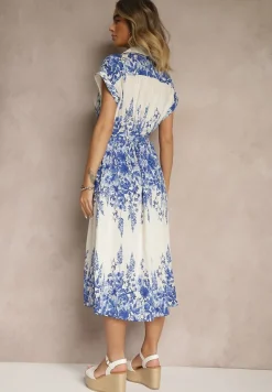 Niebiesko-Biała Sukienka z Wiskozy Koszulowa w Kwiaty Redice