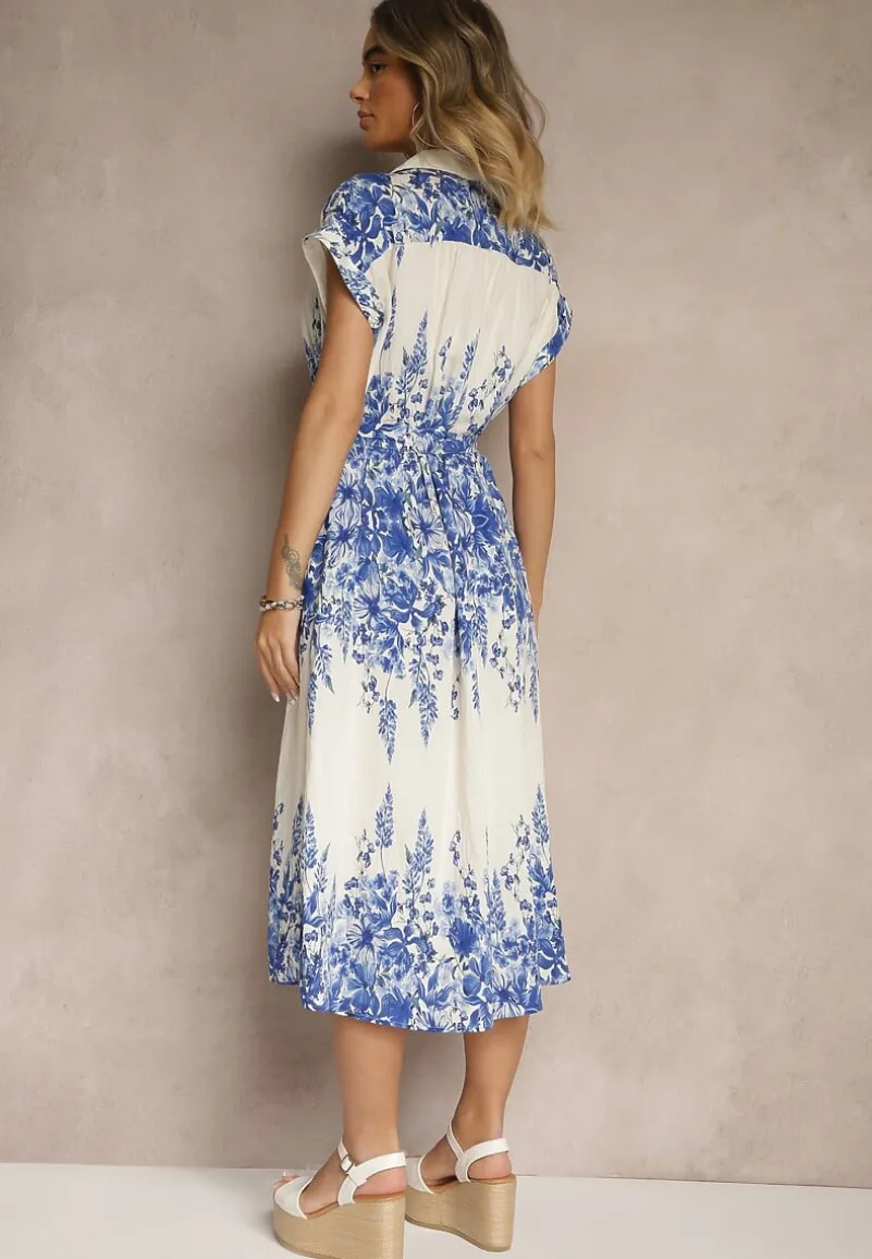 Niebiesko-Biała Sukienka z Wiskozy Koszulowa w Kwiaty Redice