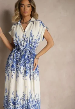 Niebiesko-Biała Sukienka z Wiskozy Koszulowa w Kwiaty Redice