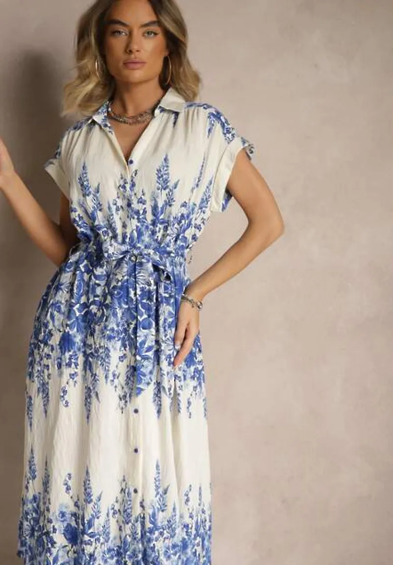 Niebiesko-Biała Sukienka z Wiskozy Koszulowa w Kwiaty Redice