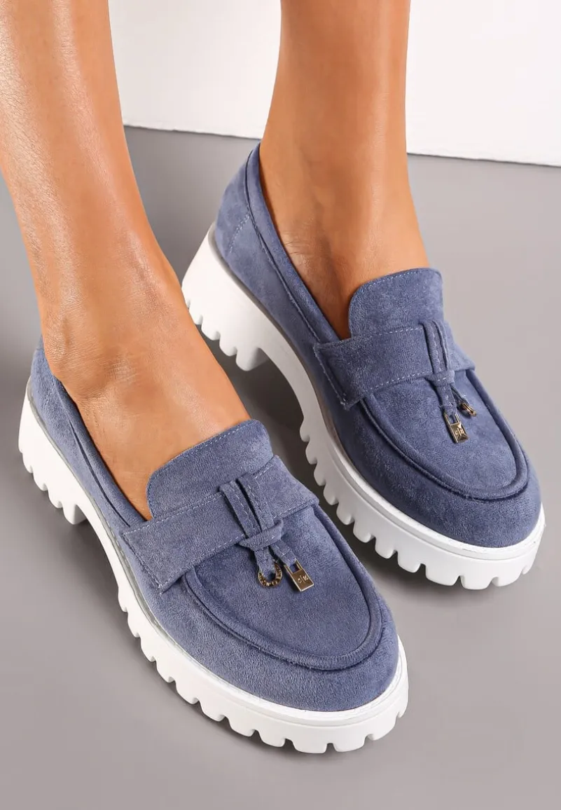 Niebiesko-Białe Mokasyny z Paskiem na Grubej Podeszwie Osani