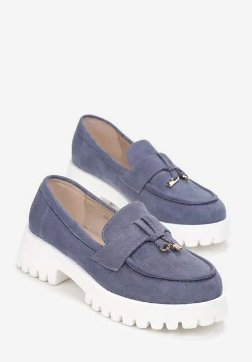 Niebiesko-Białe Mokasyny z Paskiem na Grubej Podeszwie Osani