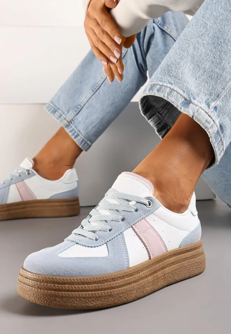 Niebiesko-Białe Sneakersy na Grubej Podeszwie z Ozdobnymi Przeszyciami Ysdole