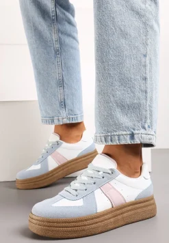Niebiesko-Białe Sneakersy na Grubej Podeszwie z Ozdobnymi Przeszyciami Ysdole